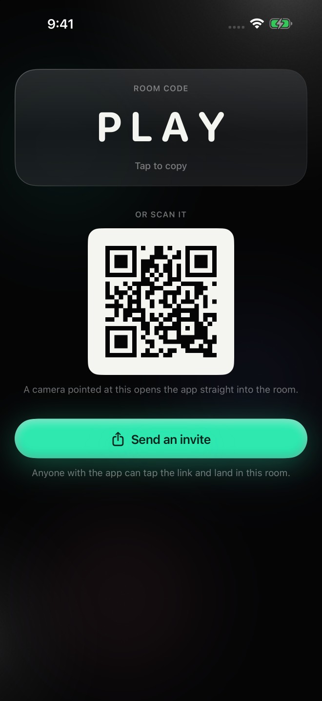 Rankd’s invitation screen shows a sample PLAY room code, QR code and Send an invite action.